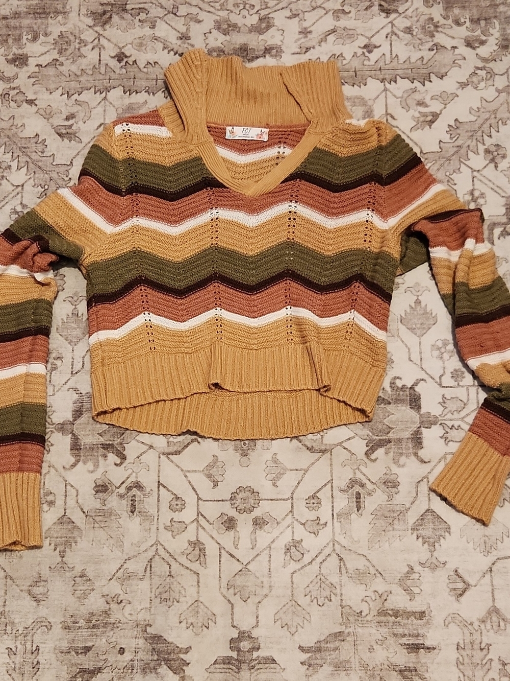 Chevron V-Neck Cropped Sweater - Mustard, Olive & Rust
